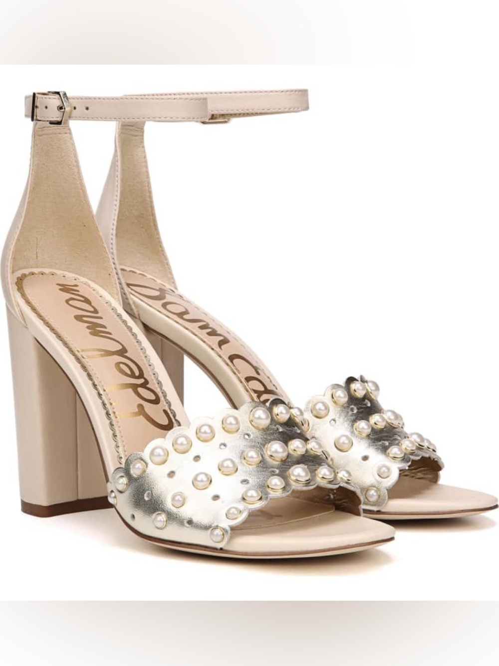 Sam Edelman Yaria Studded Block Heel Sandals metallic w/ pearls. Sz 7.5 EUC!